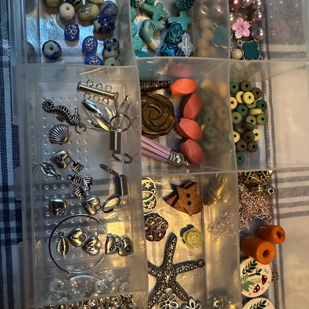 Beads and findings plus divided Box for jewelry making.
